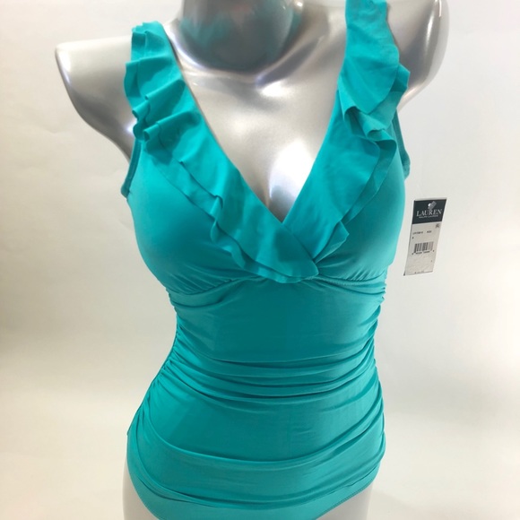 Lauren Ralph Lauren Swimsuit 8 Aqua Blue Surplice - Picture 2 of 6